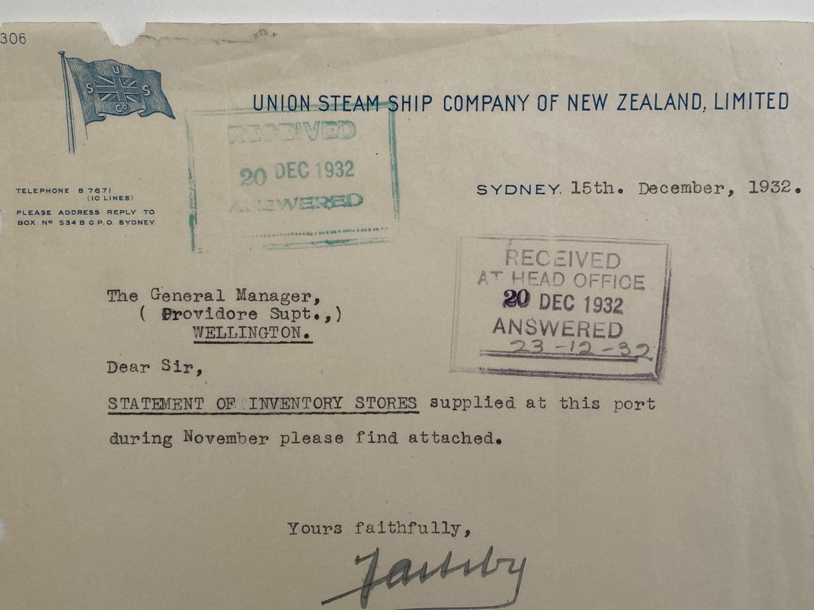 OLD LETTERHEAD: Union Steamship Company of New Zealand, Sydney 1932