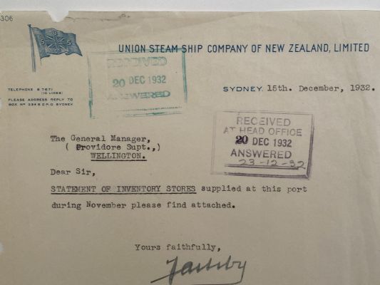 OLD LETTERHEAD: Union Steamship Company of New Zealand, Sydney 1932 
