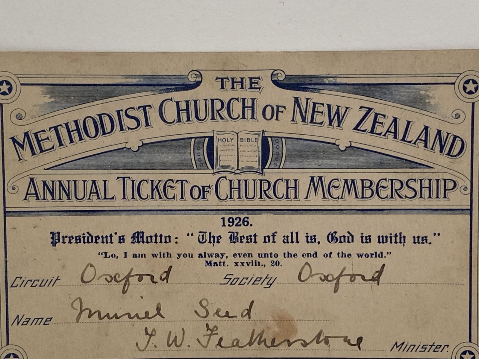 OLD MEMBERSHIP TICKET: Methodist Church of New Zealand, Oxford 1926