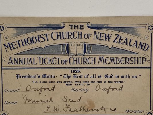 OLD MEMBERSHIP TICKET: Methodist Church of New Zealand, Oxford 1926 