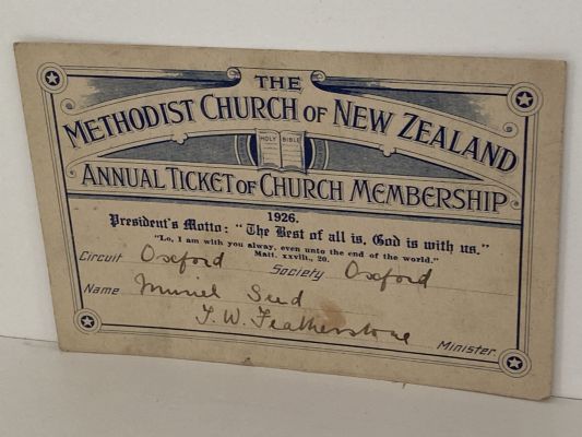 OLD MEMBERSHIP TICKET: Methodist Church of New Zealand, Oxford 1926