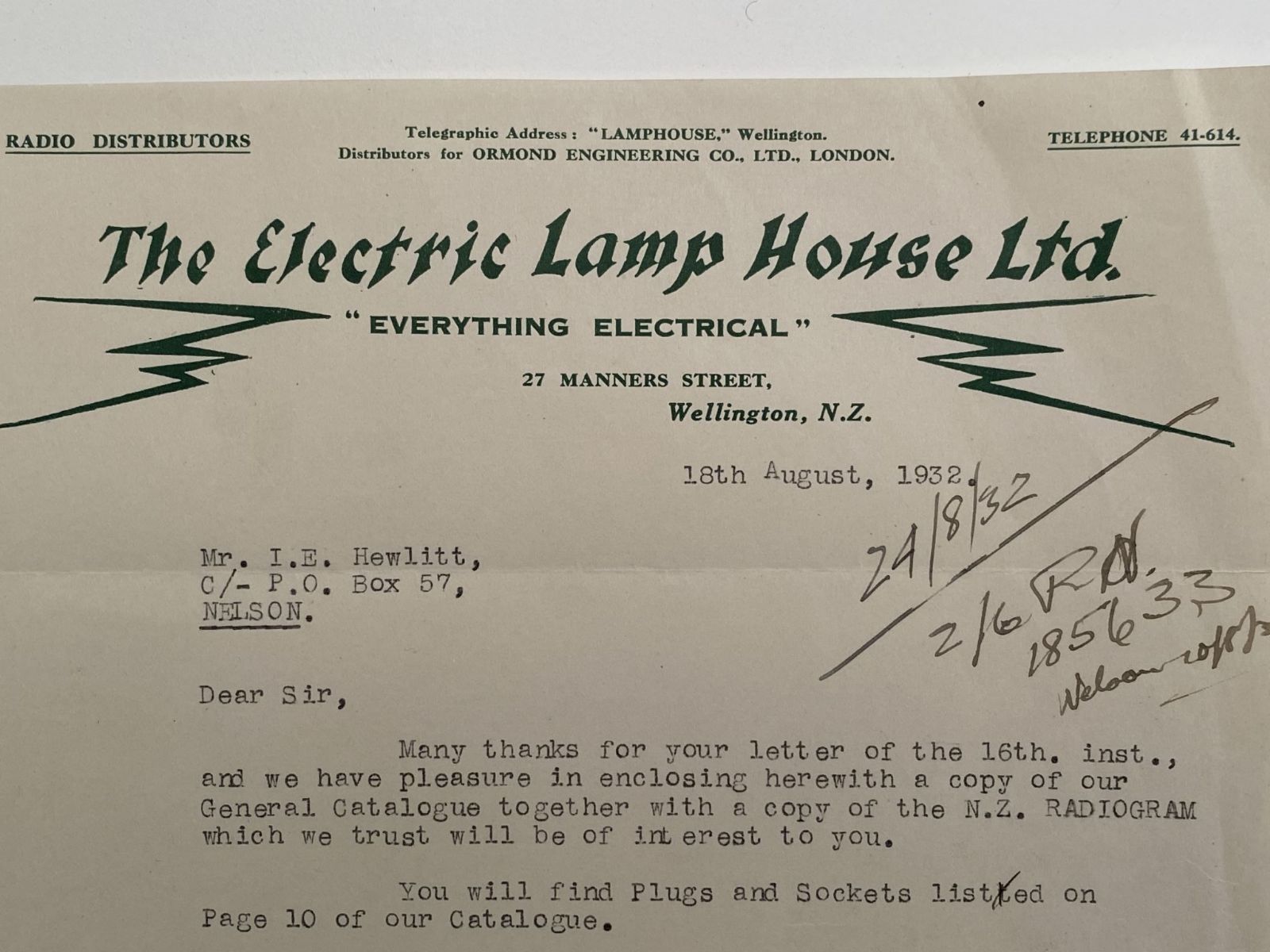 OLD LETTERHEAD: The Electric Lamp House Ltd, Wellington 1932