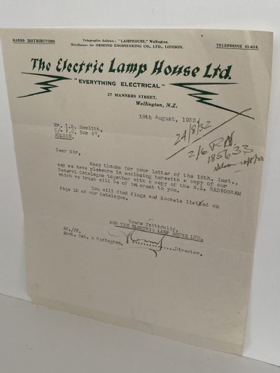 OLD LETTERHEAD: The Electric Lamp House Ltd, Wellington 1932