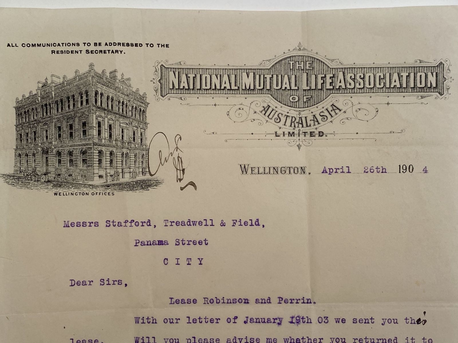 OLD LETTERHEAD: National Mutual Life Association Australasia Ltd. 1904 (118yo)