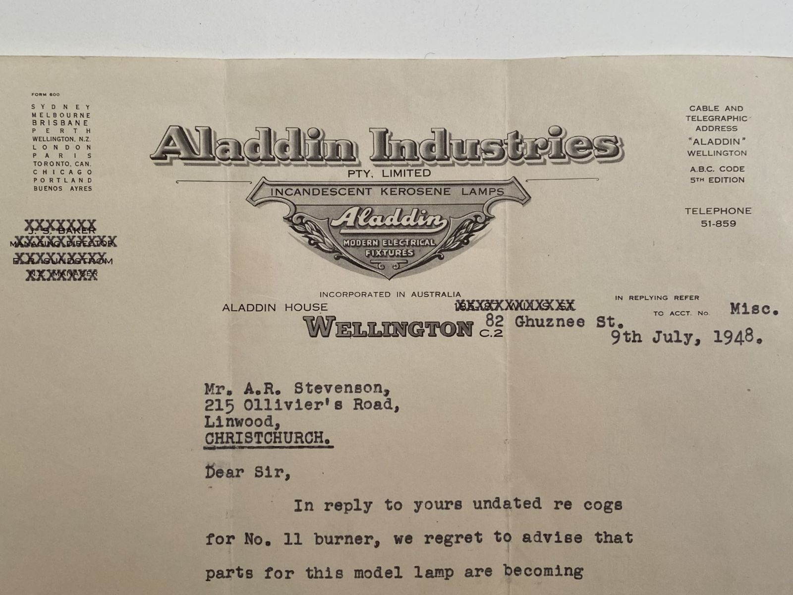 OLD LETTERHEAD: Aladdin Industries Pty Ltd, Wellington 1948