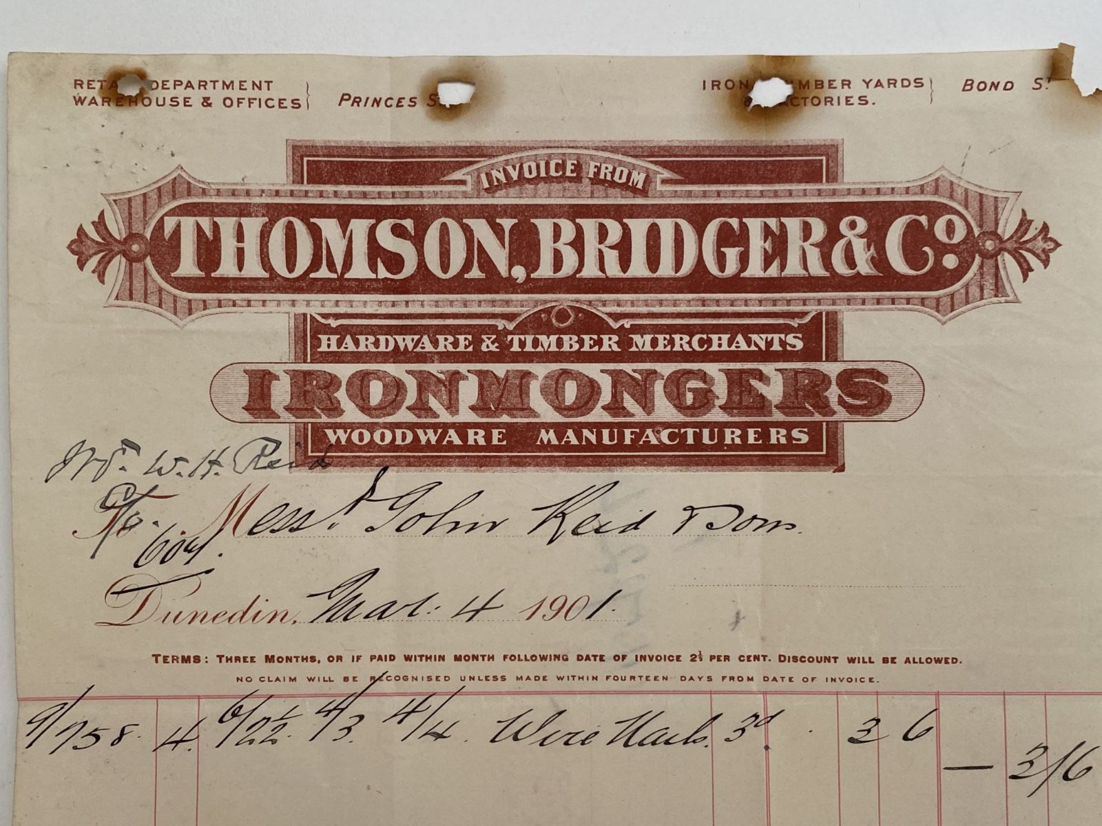 OLD INVOICE: from Thomson, Bridger & Co - Ironmongers 1901 (121 yo)
