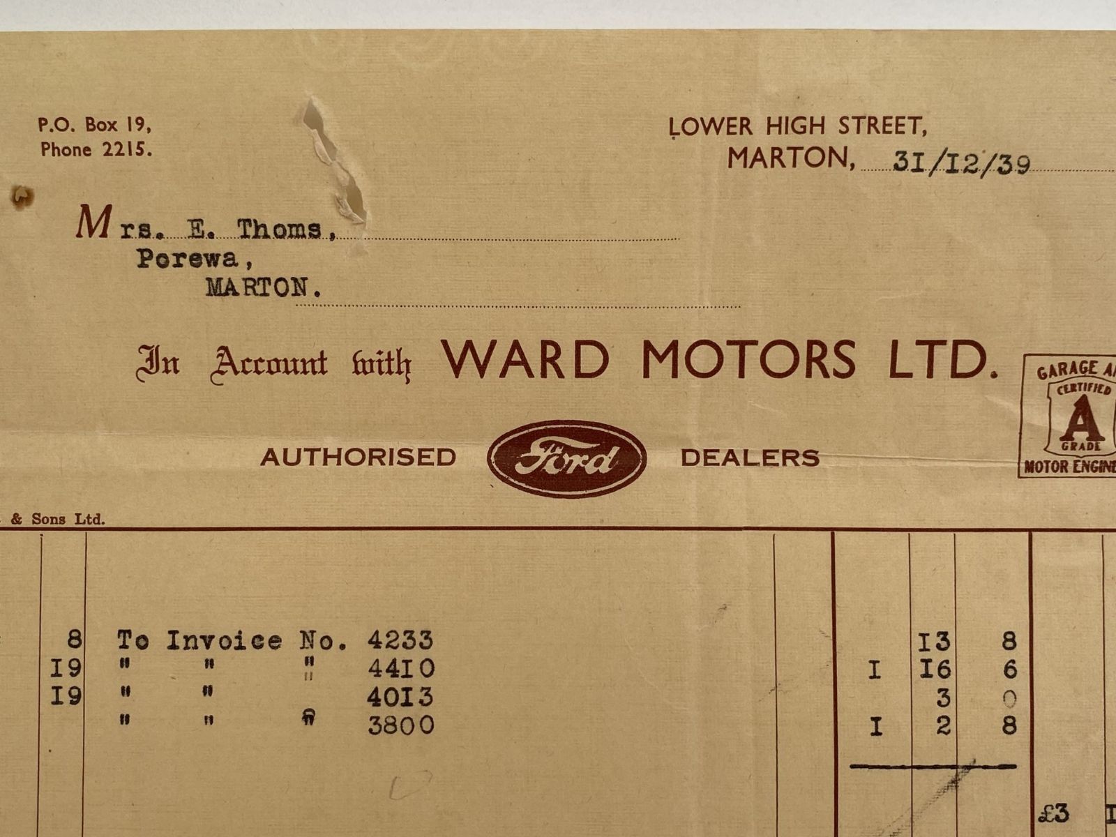 OLD INVOICE / RECEIPT: from Ward Motors Ltd - Ford Dealers. Marton 1939