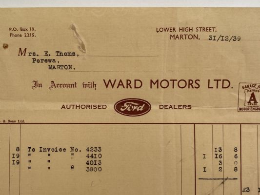 OLD INVOICE / RECEIPT: from Ward Motors Ltd - Ford Dealers. Marton 1939 