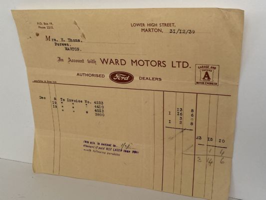 OLD INVOICE / RECEIPT: from Ward Motors Ltd - Ford Dealers. Marton 1939