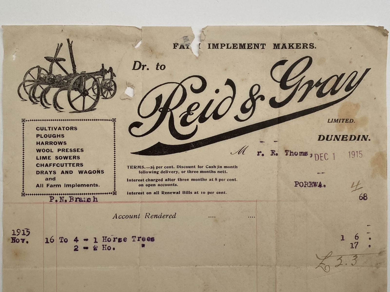 OLD INVOICE / RECEIPT: from Reid & Gray - Farm Implements, Dunedin 1915 (107 yo)