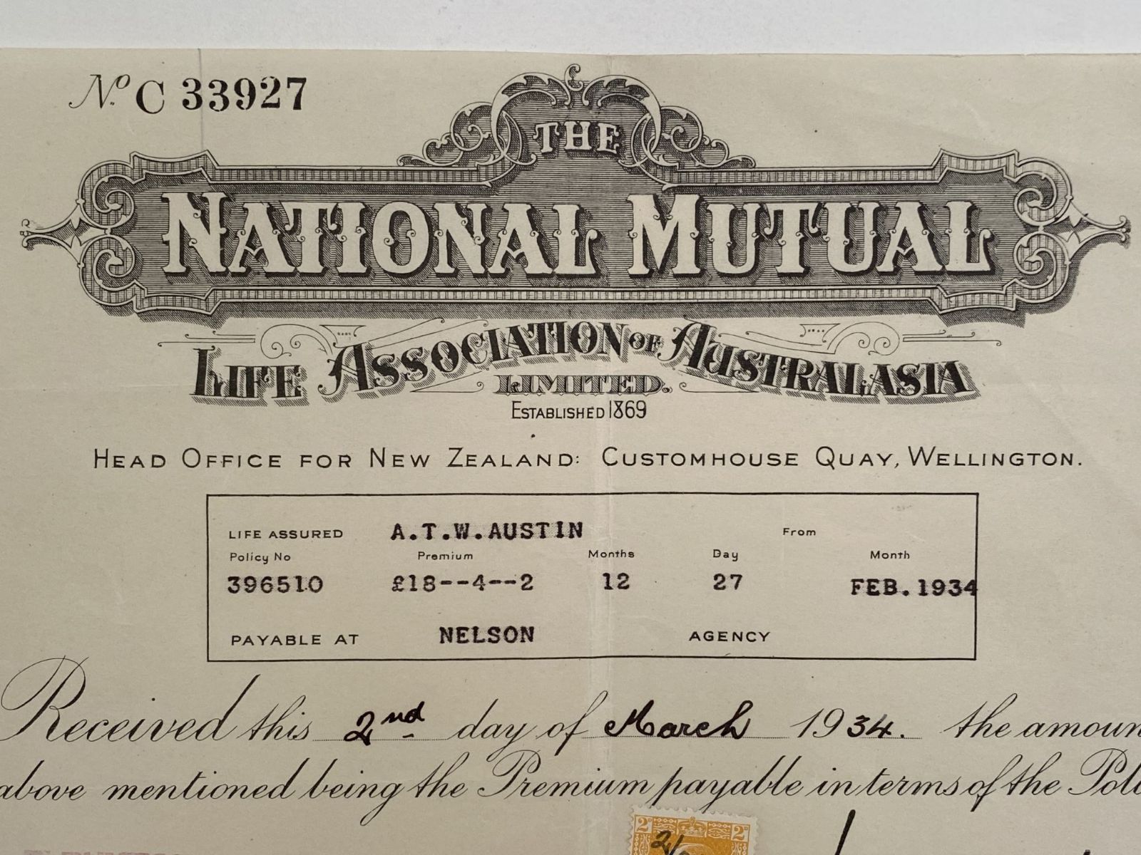 OLD INVOICE / RECEIPT: from National Mutual Life Association, Wellington 1934
