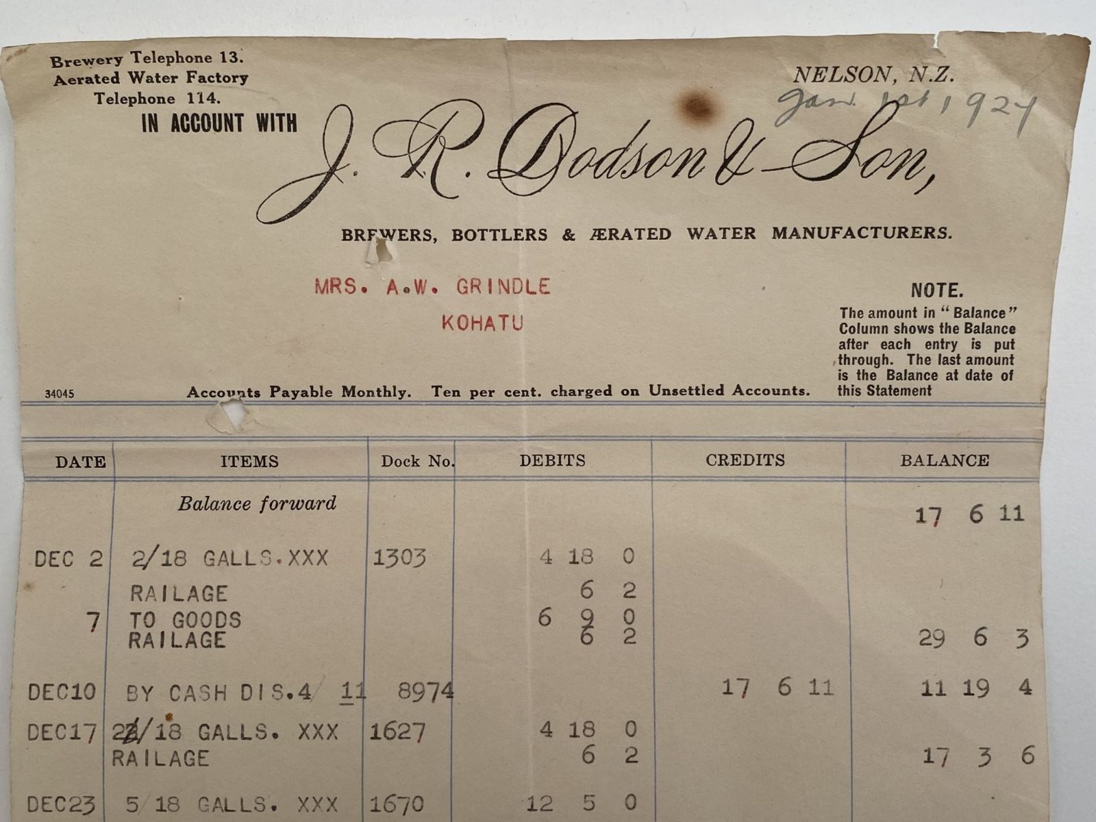 OLD INVOICE / RECEIPT: from J. R Dodson & Son - Brewers & Bottlers, Nelson 1927