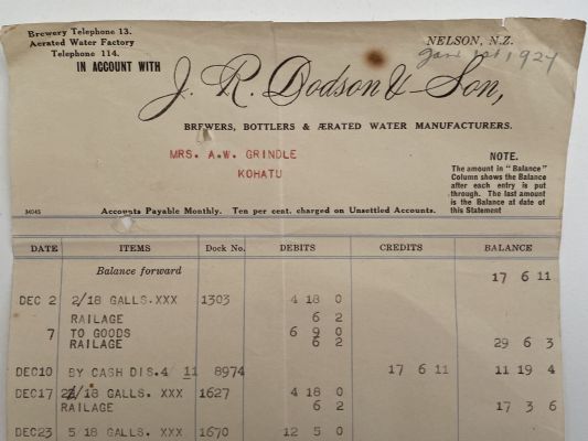 OLD INVOICE / RECEIPT: from J. R Dodson & Son - Brewers & Bottlers, Nelson 1927 