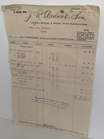 OLD INVOICE / RECEIPT: from J. R Dodson & Son - Brewers & Bottlers, Nelson 1927