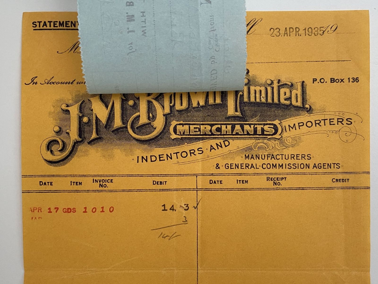 OLD INVOICE / RECEIPT: from J. M. Brown Ltd - Merchants and Importers 1935