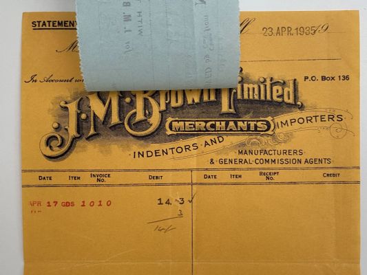 OLD INVOICE / RECEIPT: from J. M. Brown Ltd - Merchants and Importers 1935 
