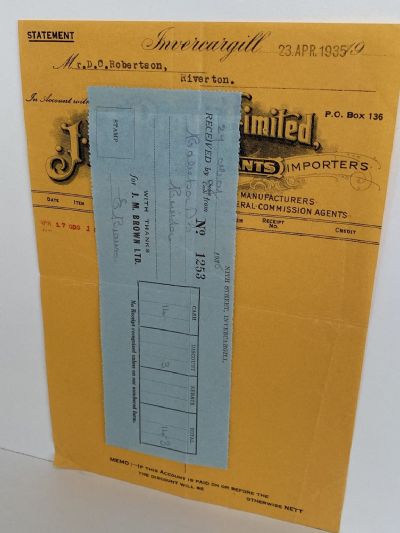 OLD INVOICE / RECEIPT: from J. M. Brown Ltd - Merchants and Importers 1935