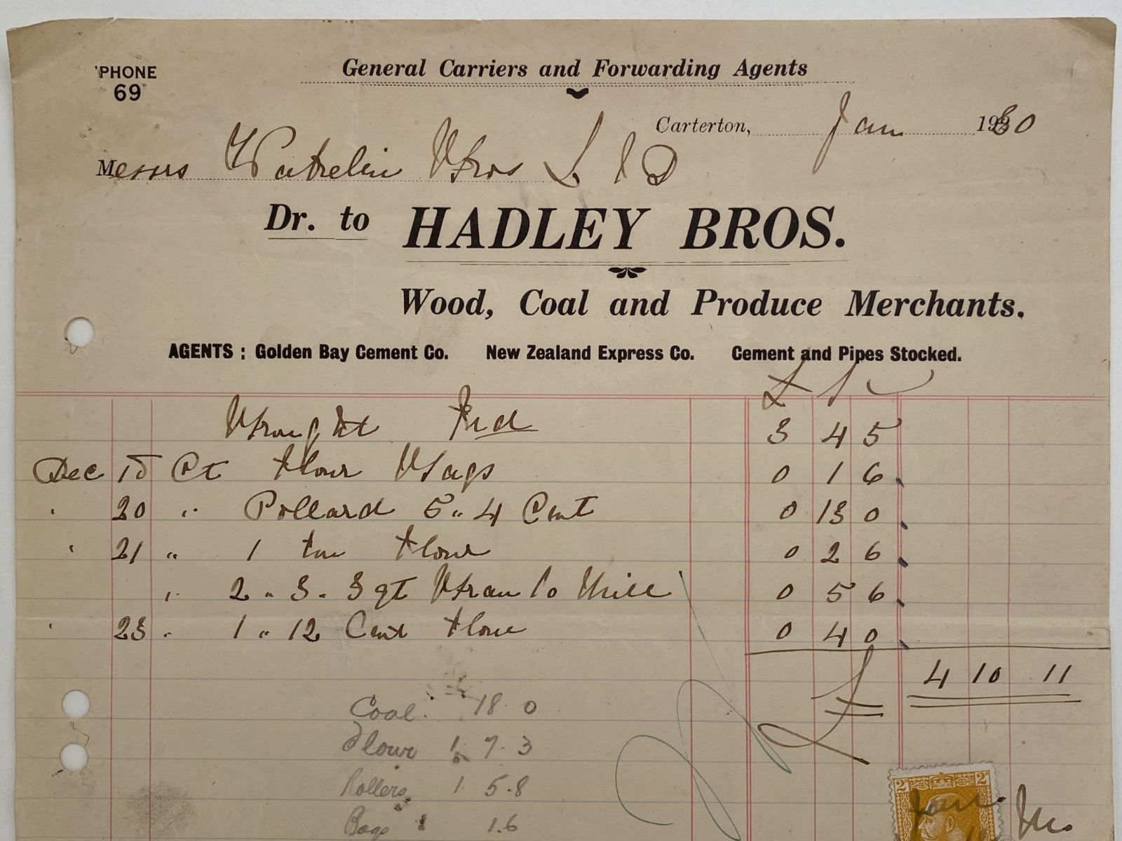 OLD INVOICE / RECEIPT: from Hadley Bros - Wood, Coal Merchants. Carterton 1930