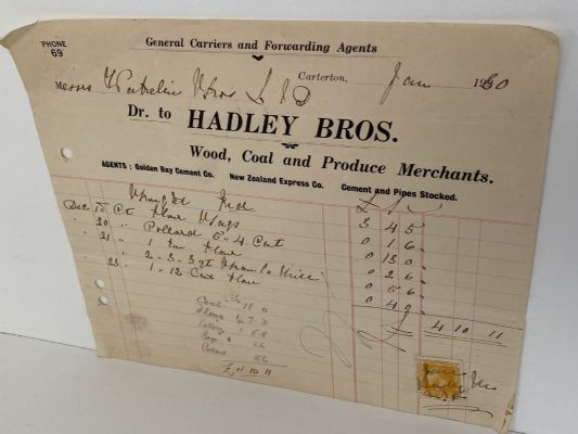 OLD INVOICE / RECEIPT: from Hadley Bros - Wood, Coal Merchants. Carterton 1930