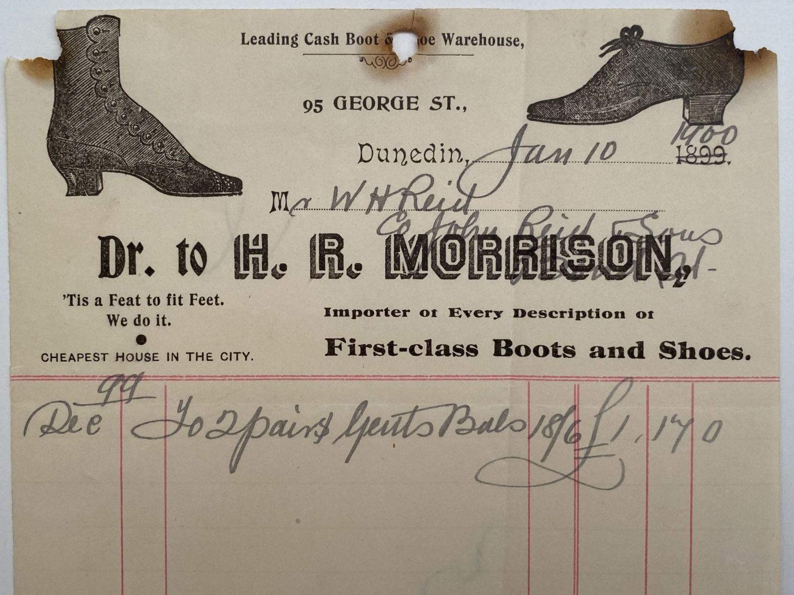 OLD INVOICE / RECEIPT: from H. Morrison - Shoemaker, Dunedin 1900 (122yo)