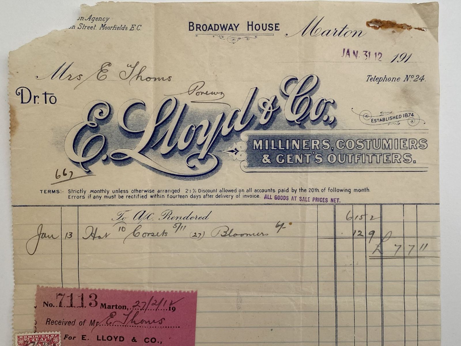 OLD INVOICE / RECEIPT: from E. Lloyds & Co - Gents Outfitters, 1912 (110 yo)