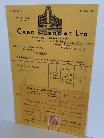 OLD INVOICE / RECEIPT: from Caro & Jerrat Ltd - Warehousemen, Auckland 1935