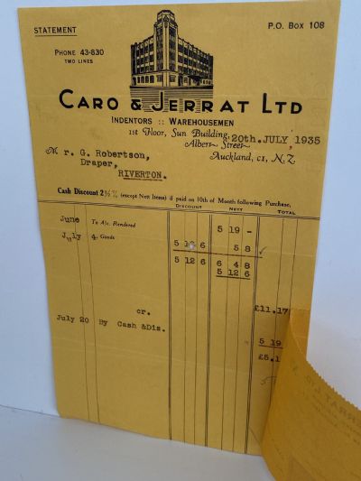 OLD INVOICE / RECEIPT: from Caro & Jerrat Ltd - Warehousemen, Auckland 1935
