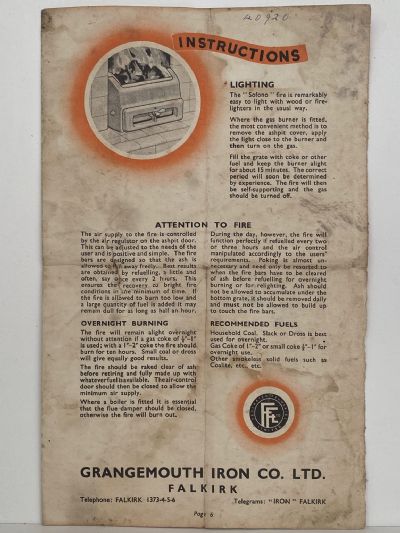 OLD INSTRUCTION MANUAL: for Sofono Fire / Grangemouth Iron Co circa 1950s