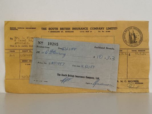 OLD INVOICE / RECEIPT: from The South British Insurance Company, Auckland 1959