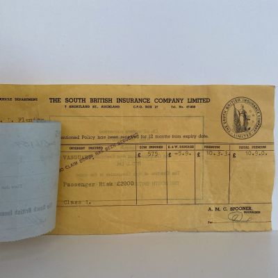 OLD INVOICE / RECEIPT: from The South British Insurance Company, Auckland 1959