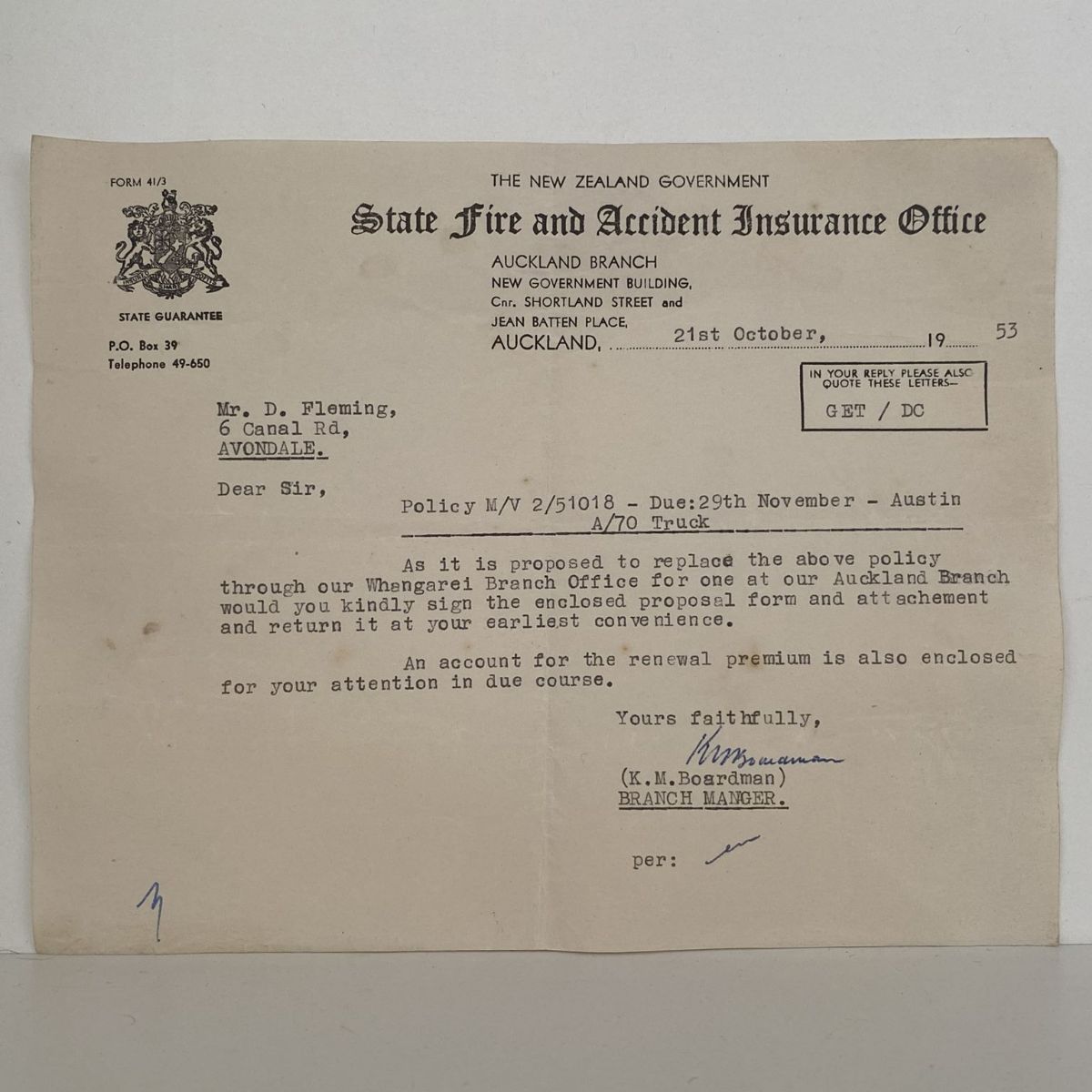 OLD DOCUMENT: from State Fire and Accident Insurance Office, Auckland 1953
