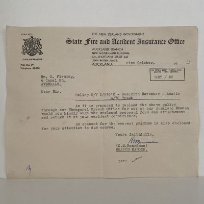 OLD DOCUMENT: from State Fire and Accident Insurance Office, Auckland 1953 