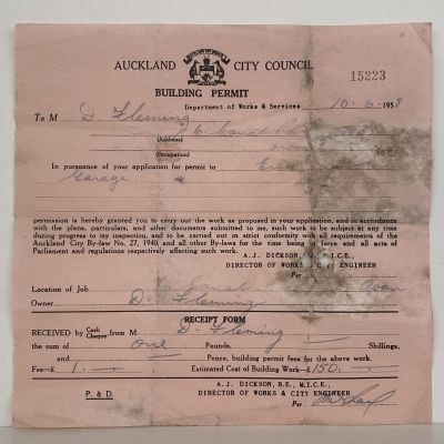OLD INVOICE / RECEIPT: from Auckland City Council for a Building Permit 1958 