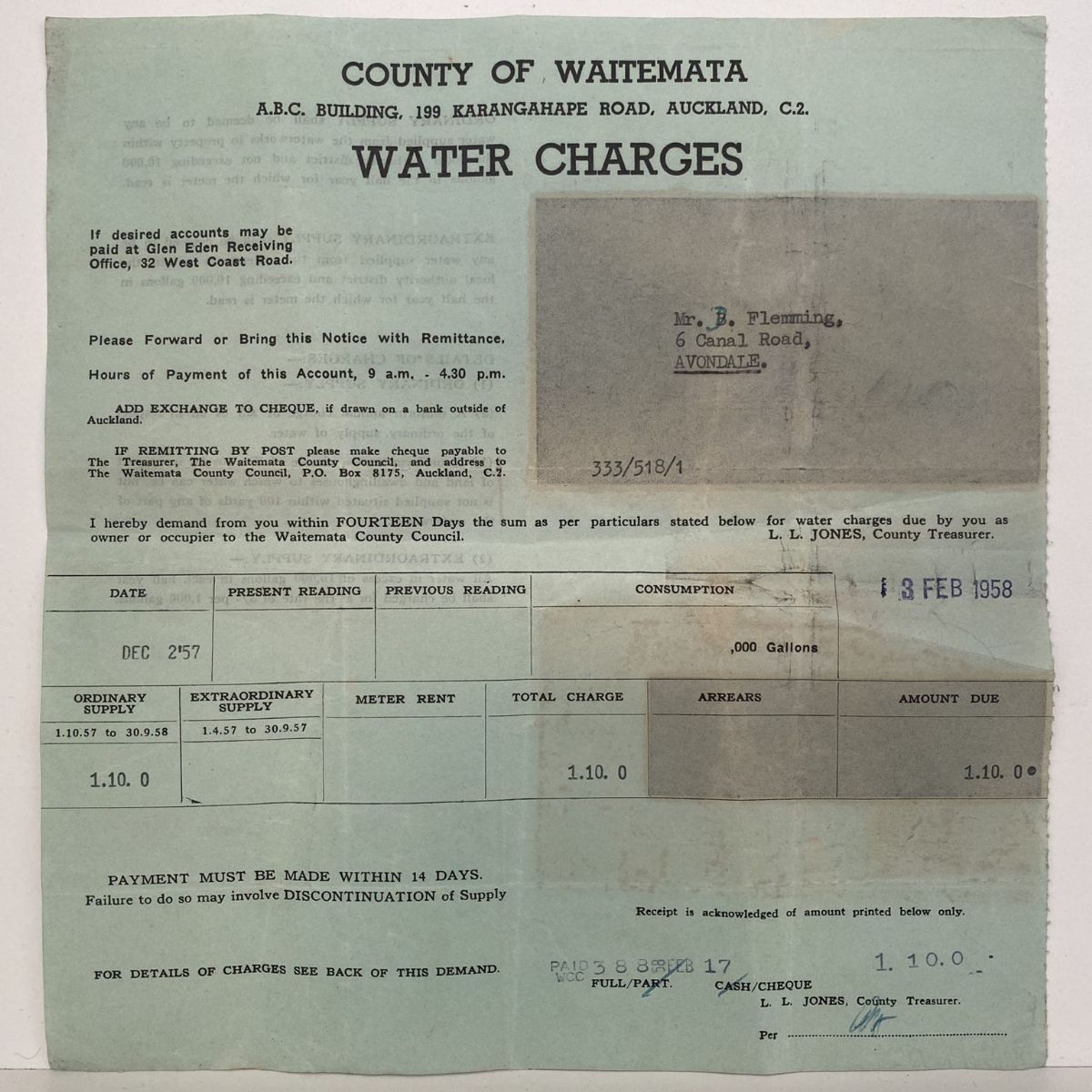 OLD INVOICE / RECEIPT: Water Charges from County of Waitemata 1958