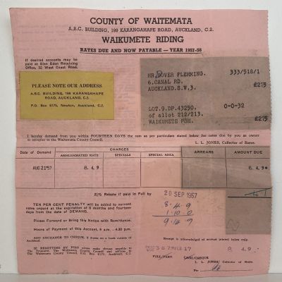 OLD INVOICE / RECEIPT: Rates - from County of Waitemata / Waikumete Riding 1957