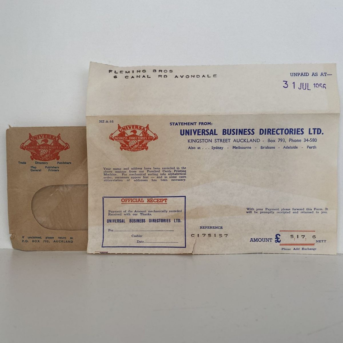 OLD INVOICE / RECEIPT: from Universal Business Directories 1956