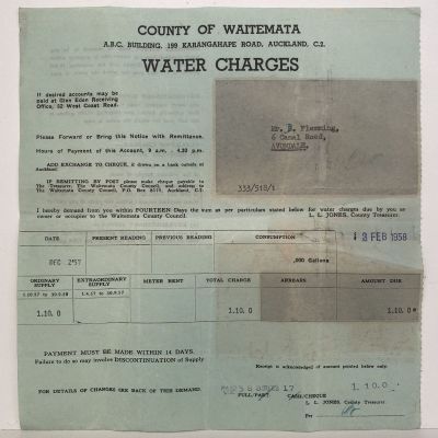 OLD INVOICE / RECEIPT: Water Charges from County of Waitemata 1958