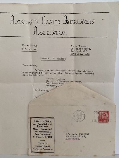 OLD LETTERHEAD + ENVELOPE: Auckland Master Bricklayers Association 1955 