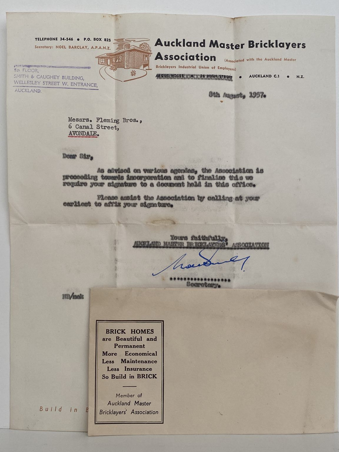 OLD LETTERHEAD + ENVELOPE: Auckland Master Bricklayers Association 1957