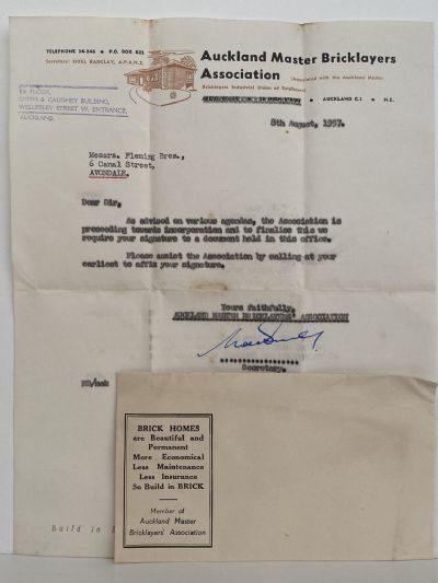 OLD LETTERHEAD + ENVELOPE: Auckland Master Bricklayers Association 1957 