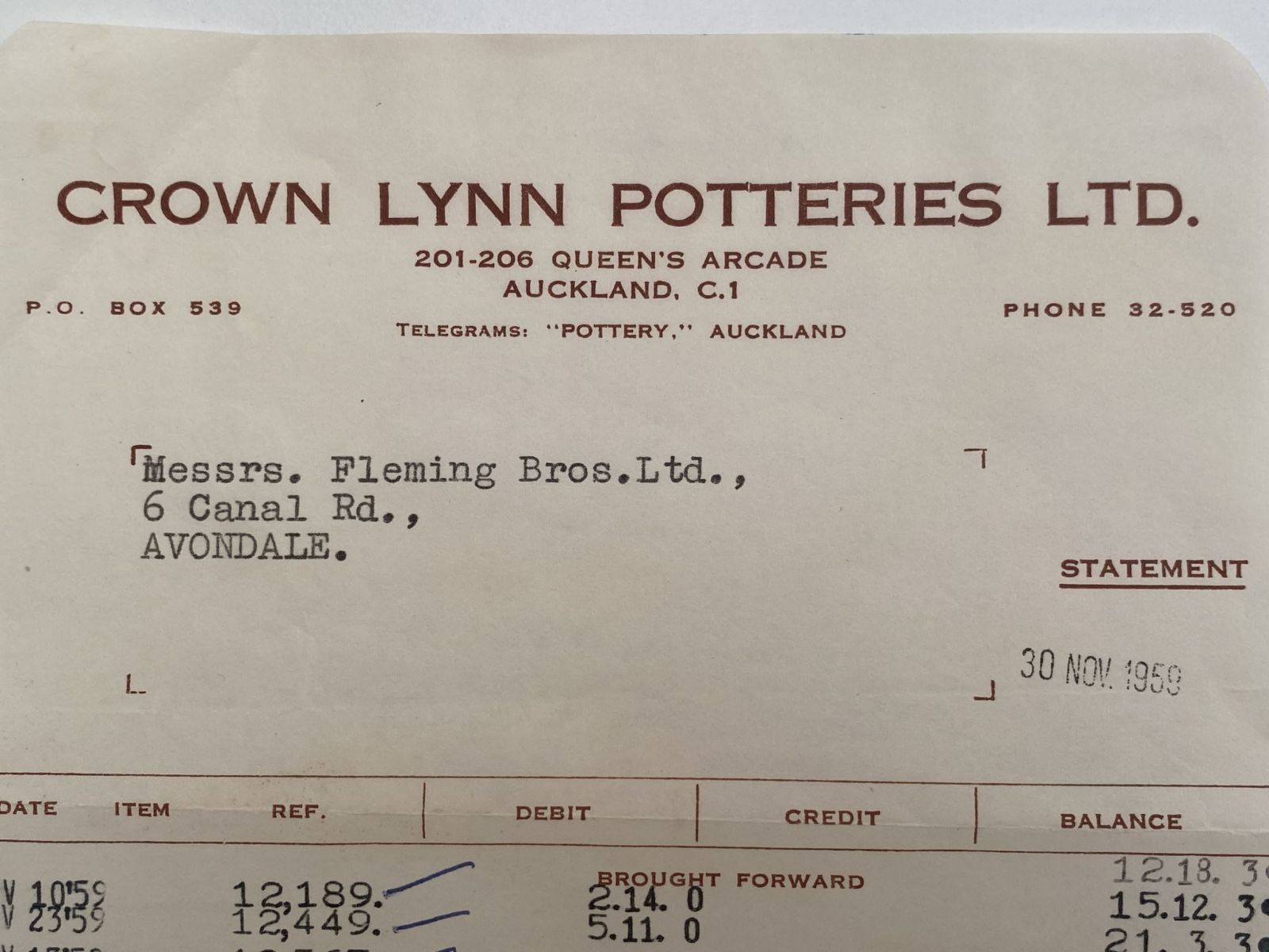 OLD INVOICE/RECEIPT: Crown Lynn Potteries Ltd. Auckland 1959