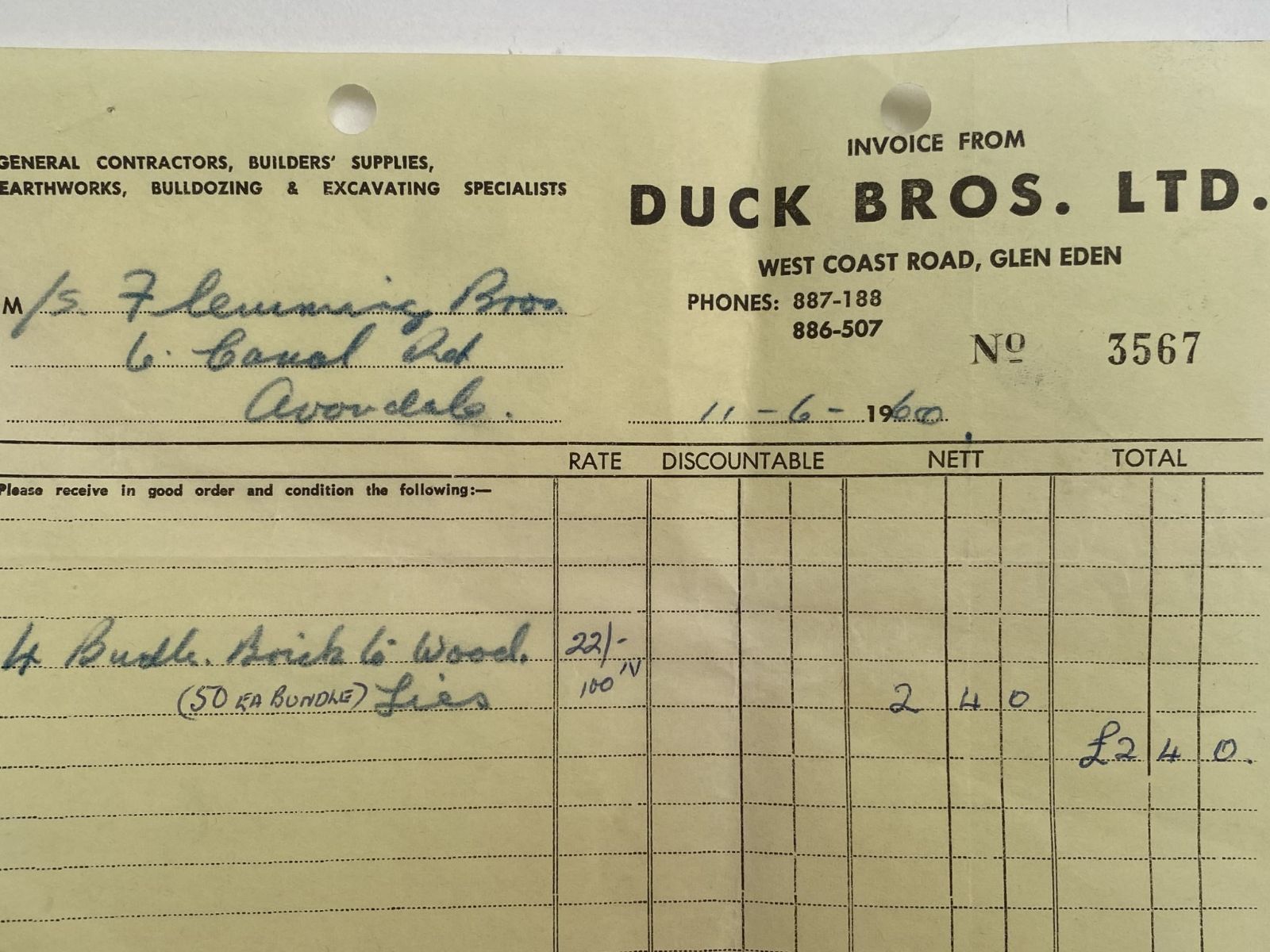 OLD INVOICE: Duck Bros. Ltd - Contractors, Builders, Earthworks, Auckland 1960