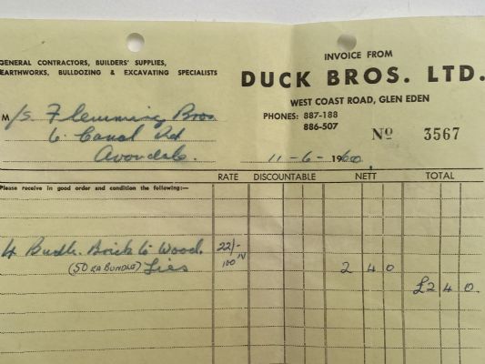 OLD INVOICE: Duck Bros. Ltd - Contractors, Builders, Earthworks, Auckland 1960 