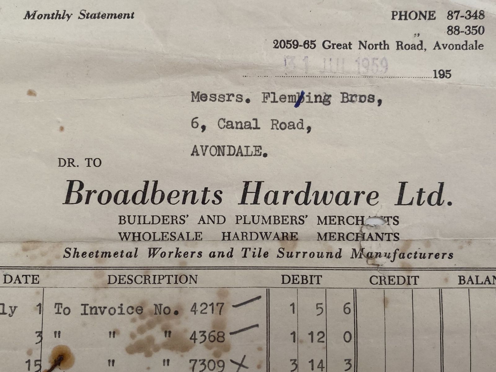 OLD INVOICE: Broadbent Hardware Ltd - Merchants, Avondale 1959