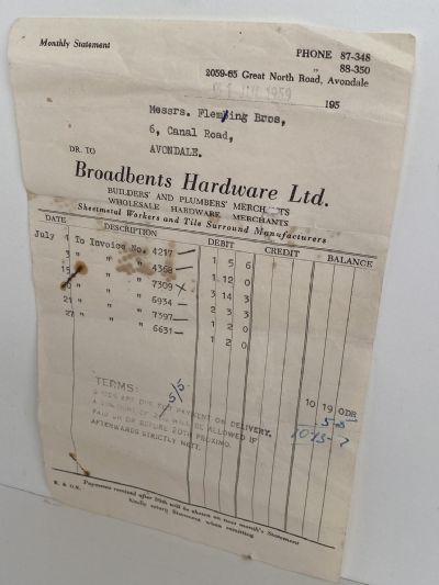 OLD INVOICE: Broadbent Hardware Ltd - Merchants, Avondale 1959