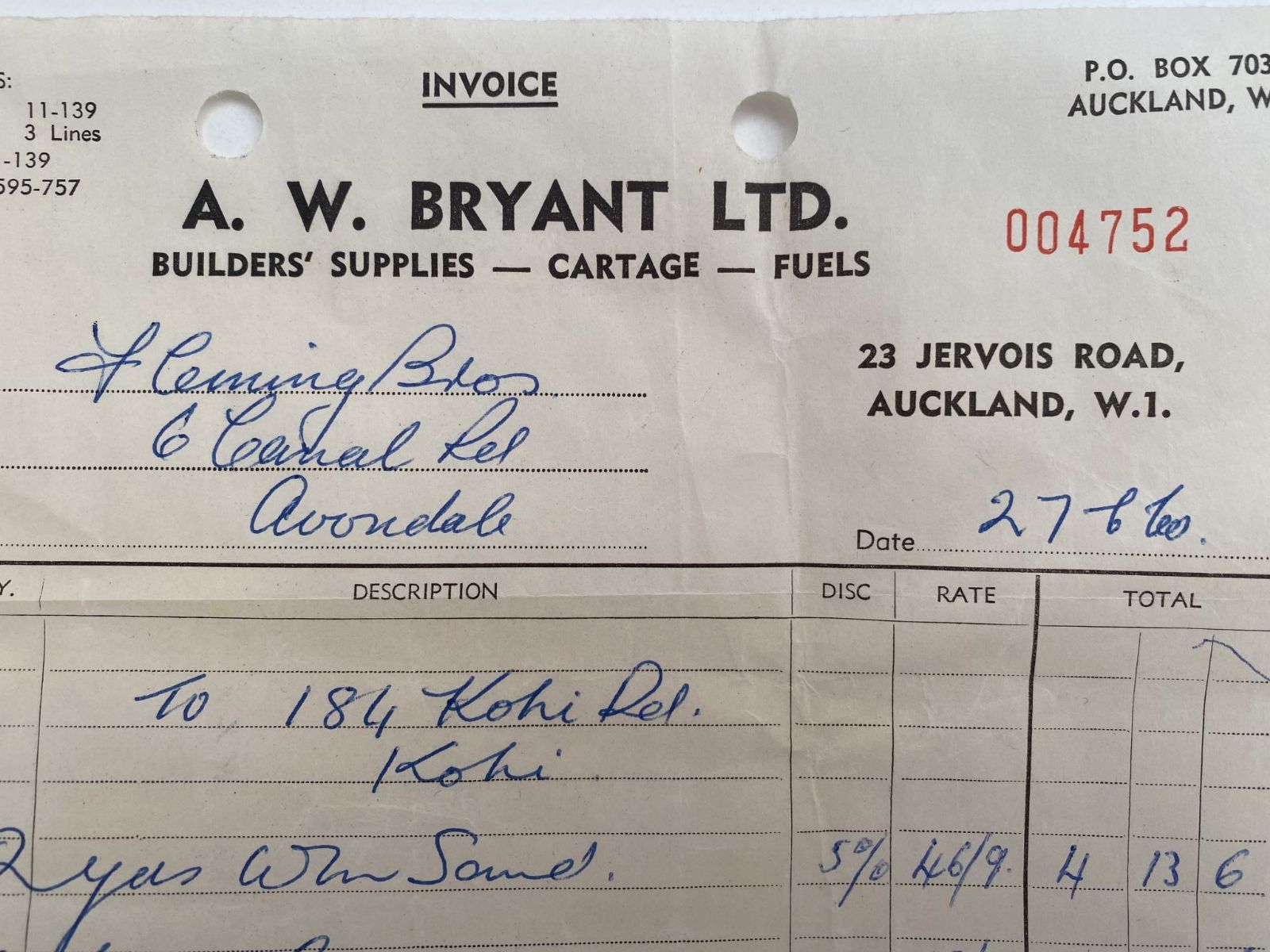 OLD INVOICE: A. W. Bryant Ltd. - Builder Supplies, Auckland 1960