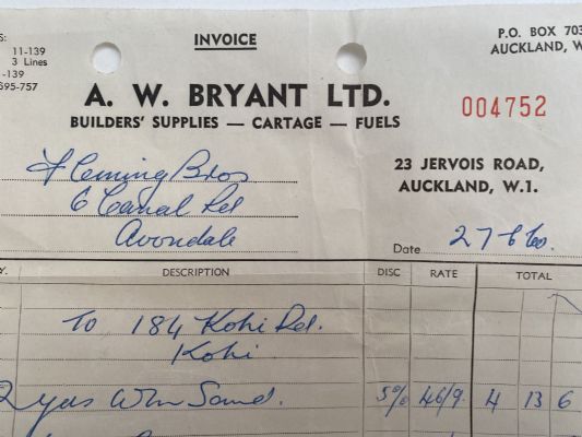 OLD INVOICE: A. W. Bryant Ltd. - Builder Supplies, Auckland 1960 
