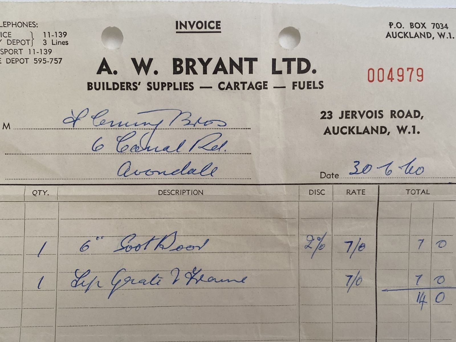 OLD INVOICE: A. W. Bryant Ltd. - Builder Supplies, Auckland 1960