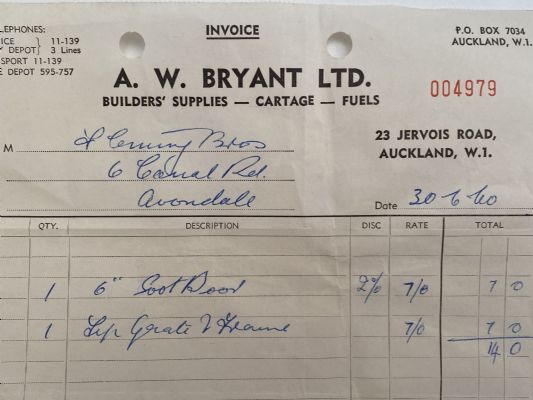 OLD INVOICE: A. W. Bryant Ltd. - Builder Supplies, Auckland 1960 