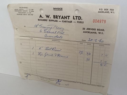 OLD INVOICE: A. W. Bryant Ltd. - Builder Supplies, Auckland 1960